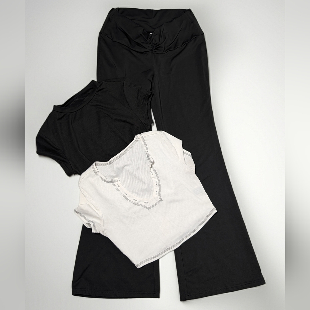 3-Piece Athleisure Set | Petite M/S (Fits Small) | Flare Pants + 2 Tees